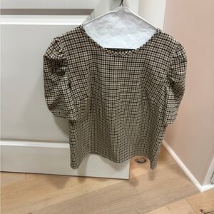14th & Union Checkered Puff Sleeve Blouse - Black and Tan